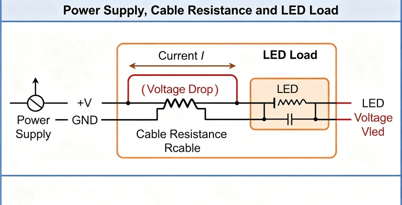Diagram explaining voltage drop in DC LED lighting circuits Diagram explaining voltage drop in DC LED lighting circuits
