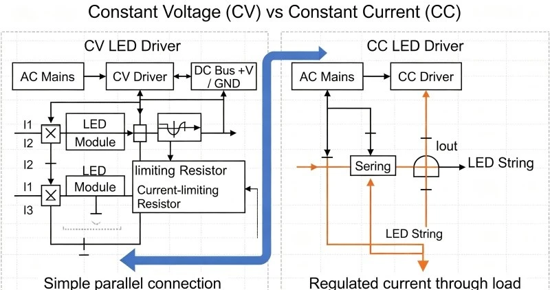 Constant voltage vs constant current LED driver wiring comparison Constant voltage vs constant current LED driver wiring comparison